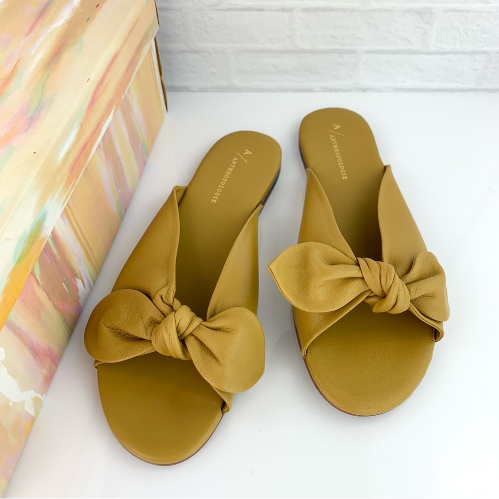 NEW! Anthropologie Leather Bow Slide Sandals Yellow Size 39 8.5